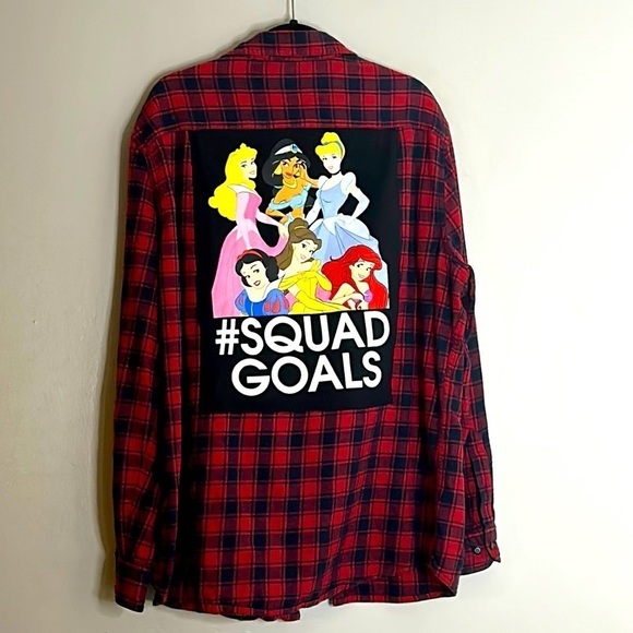 Upcycled Red flannel long sleeve Disney princess squad goal button down shirt XL - Picture 2 of 8